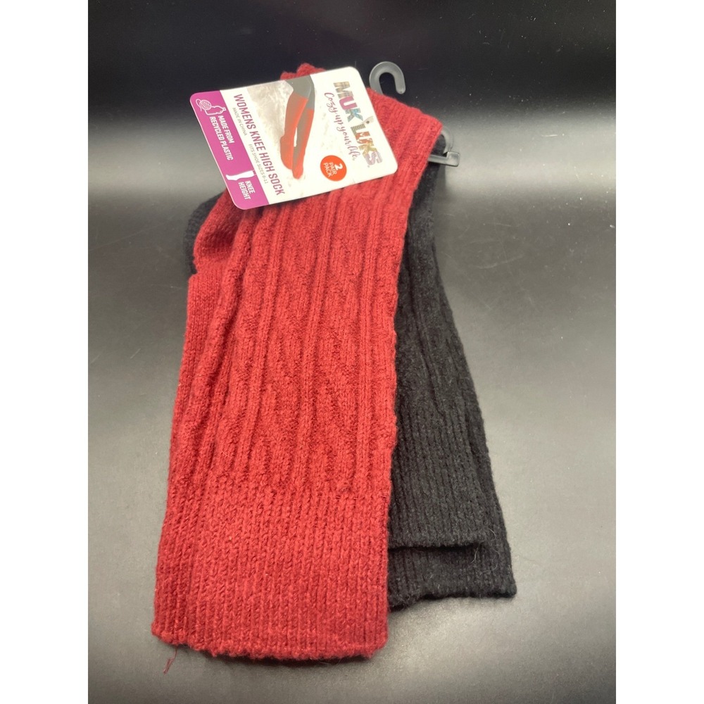 Muk Luks Womens Knee High Socks 2 Pair Pack Red Black Ribbed Recycled Size 6-11